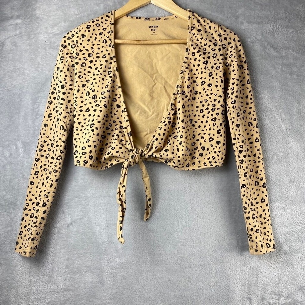Sunday Best Top Women's XS‎ Leopard Print Wrap Top Crop Long Sleeve